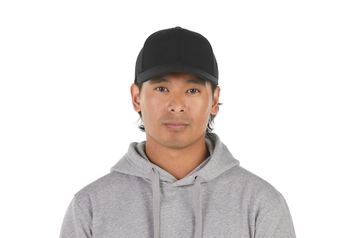 recycled-poly-low-profile-trucker-hat-p9 WebPDP-HAT002002_Recycled_Poly_Low_Profile_Trucker_Hat_Black_Studio_Harper_Studios_0723_Front__HAT002002OS.jpg