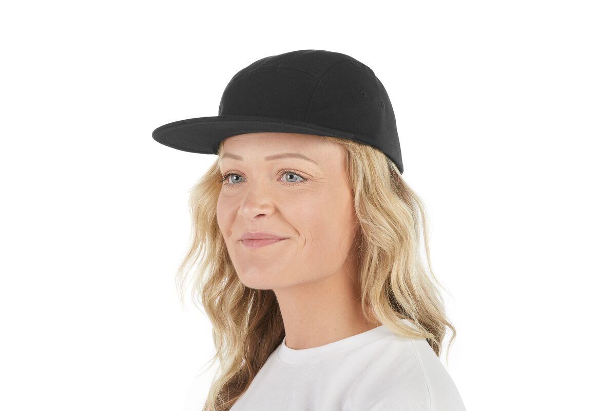 recycled-poly-flat-brim-5-panel-hat-r3 WebPDP-HAT003002_Recycled_Poly_Flat_Brim_5Panel_Hat_Black_Studio_Harper_Studios_0723_Front_2__HAT003002OS.jpg