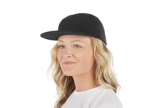 recycled-poly-flat-brim-5-panel-hat-r3 WebPDP-HAT003002_Recycled_Poly_Flat_Brim_5Panel_Hat_Black_Studio_Harper_Studios_0723_Front_2__HAT003002OS.jpg